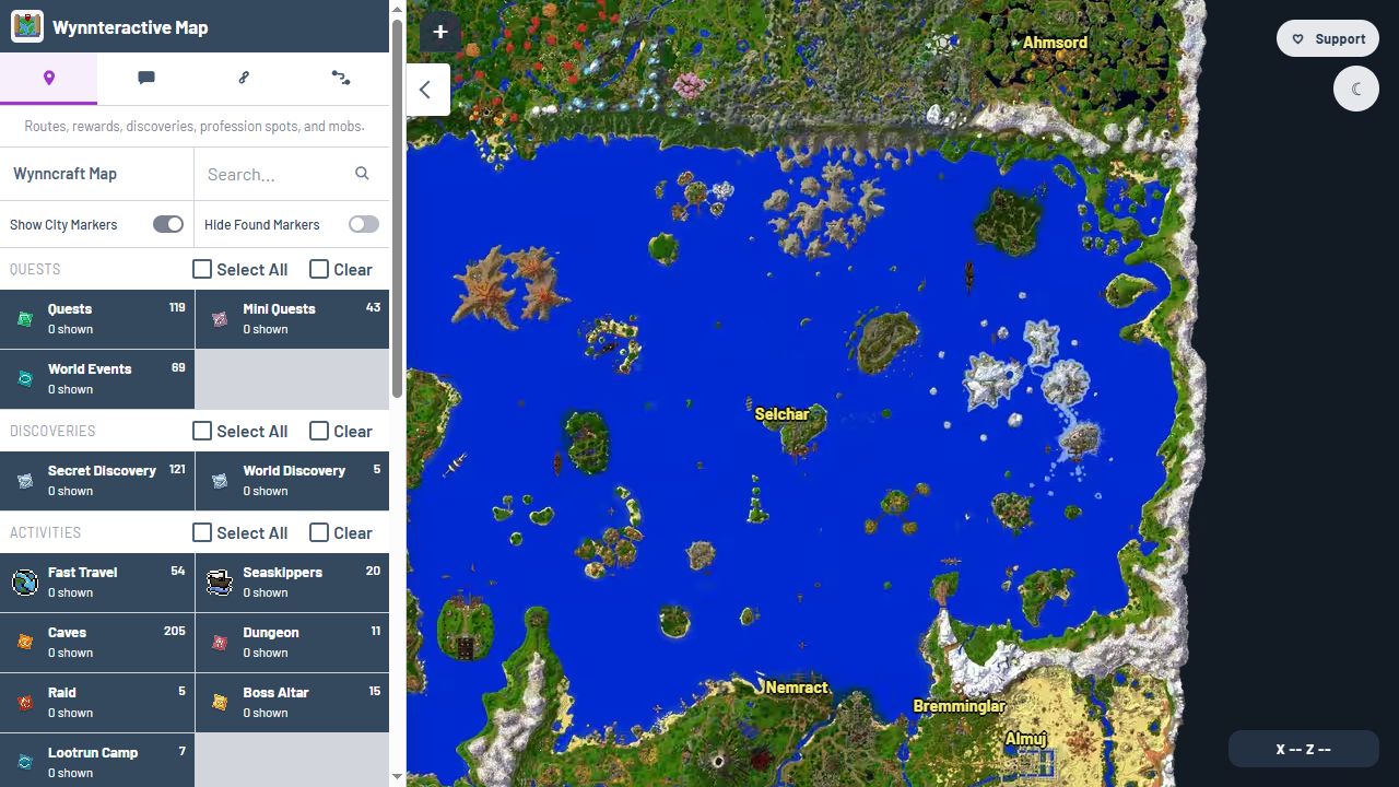 WynnInteractive map showing the Wynncraft world and marker controls